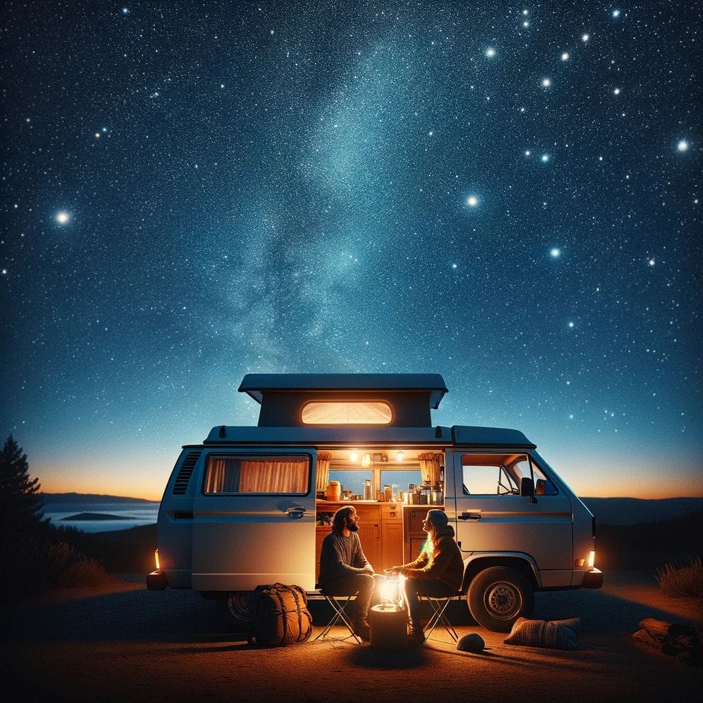 Camper Van Rental Honolulu Unforgettable Adventure For 2024   DALL·E 2023 11 09 15.02.43 Generate A Square Image With A Close Up View Of A Camper Van And Two Individuals At Night With A Backdrop Of A Star Filled Sky. The Camper Van Should 