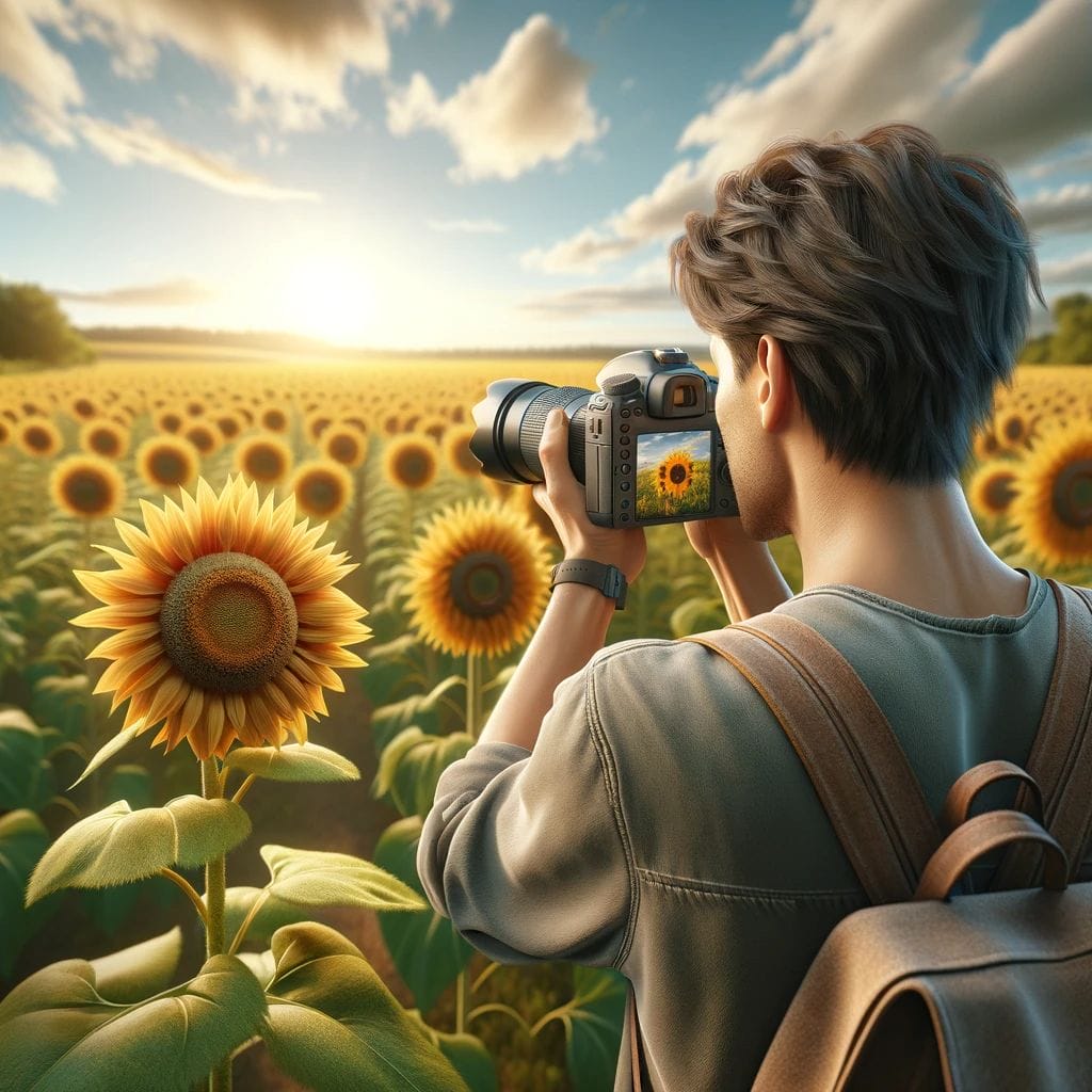 Sunflower Field Oahu Unveiling The Island S Floral Wonder 2024   DALL·E 2023 11 10 14.36.25 A Realistic Image Of A Person From Behind Taking A Photo Of A Sunflower Field With A Digital SLR Camera. The Person Is Wearing Casual Outdoor Clothin 