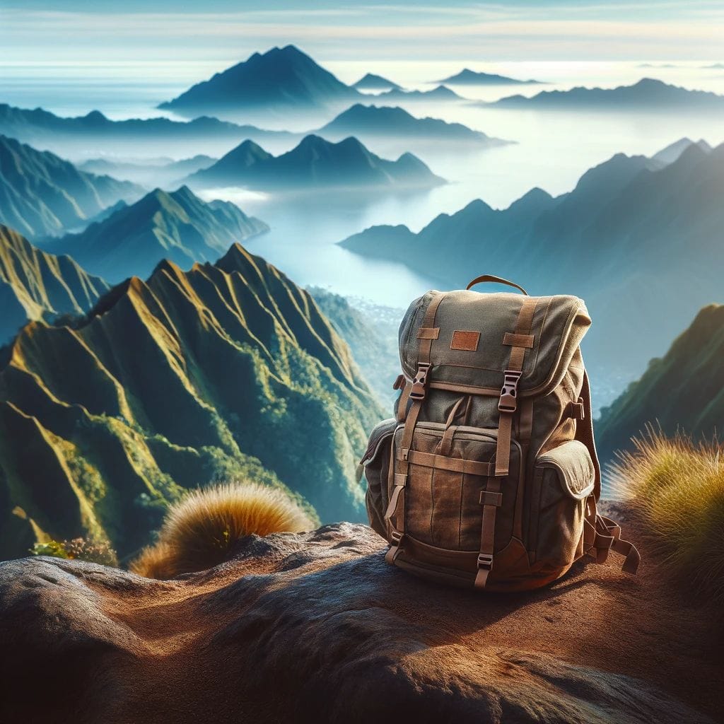 Oahu Mountains Majesty Your Ultimate 2024 Hiking Expedition   DALL·E 2023 11 21 14.57.42 A Realistic Image Of A Hiking Backpack Sitting Alone At The Peak Of A Mountain Range. The Backpack Is Prominently In Focus Symbolizing The Achievemen 