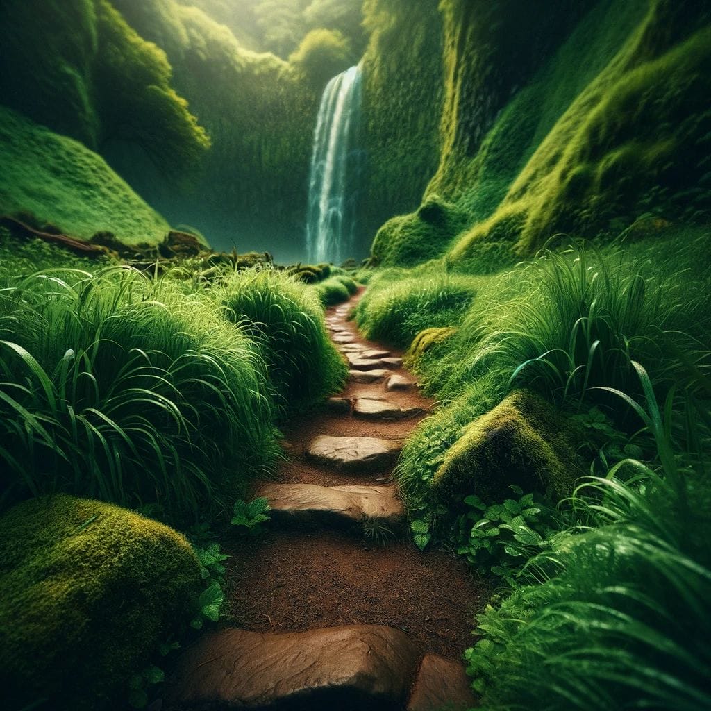 Oahu Mountains Majesty Your Ultimate 2024 Hiking Expedition   DALL·E 2023 11 21 15.10.29 A Close Up Image Of A Pathway Leading To A Waterfall Enveloped In Lush Dense Greenery. The Focus Is On The Path Showcasing Its Earthy And Natural T 