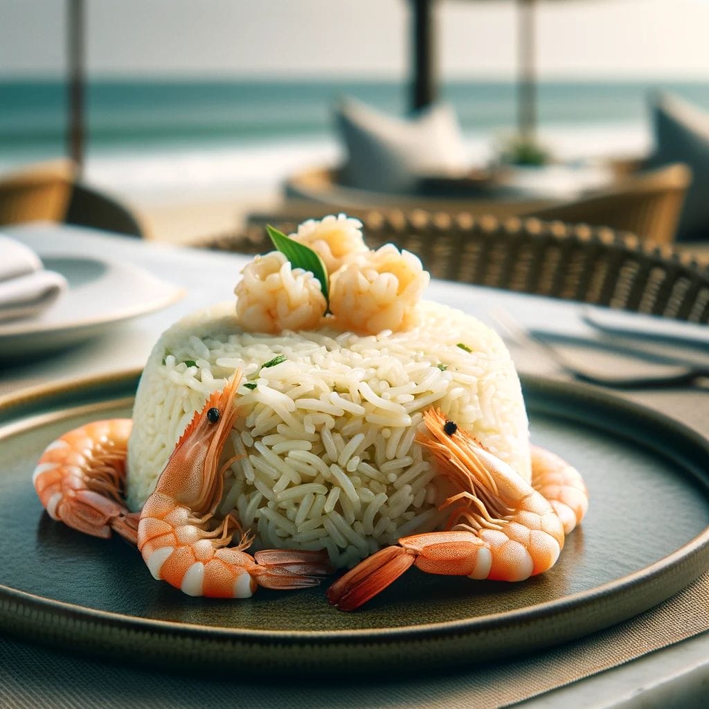 Seafood Restaurant Waikiki Top Recommendations Of 2024   DALL·E 2023 12 08 13.49.55 A Close Up Image Of A Refined Seafood Dish With The Main Focus On Intricately Prepared Rice In The Center Of The Plate. On The Side Small Cooked Pra 